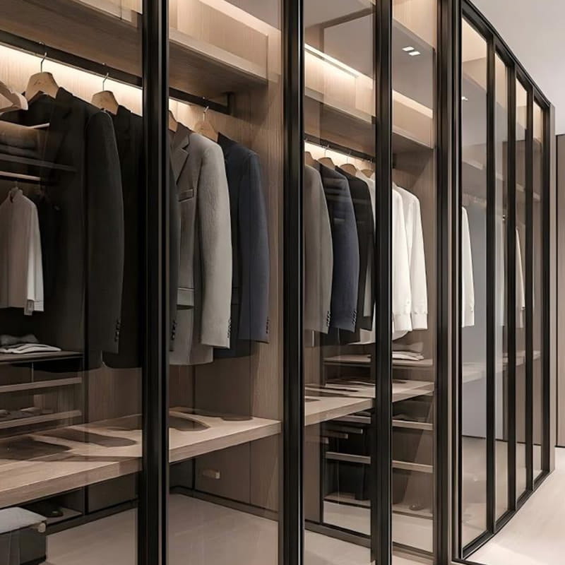 Bvlgari donkere obsidiaan op maat gemaakte panoramische inloopkast